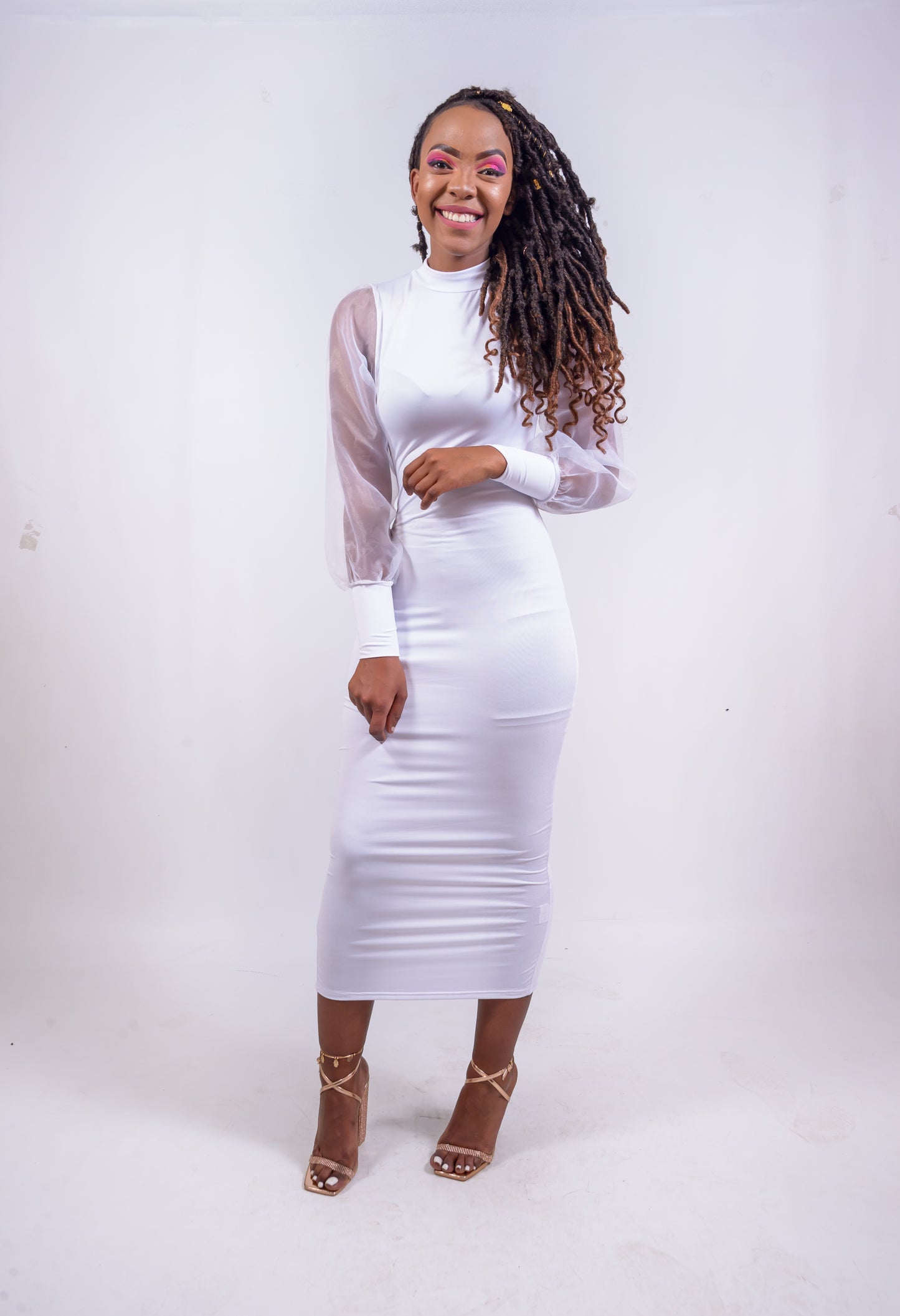 High Neck Bodycon Dress, Organza Puff Sleeves