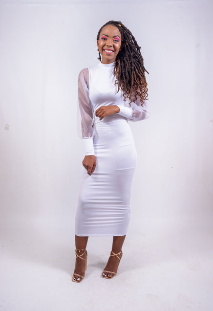 High Neck Bodycon Dress, Organza Puff Sleeves