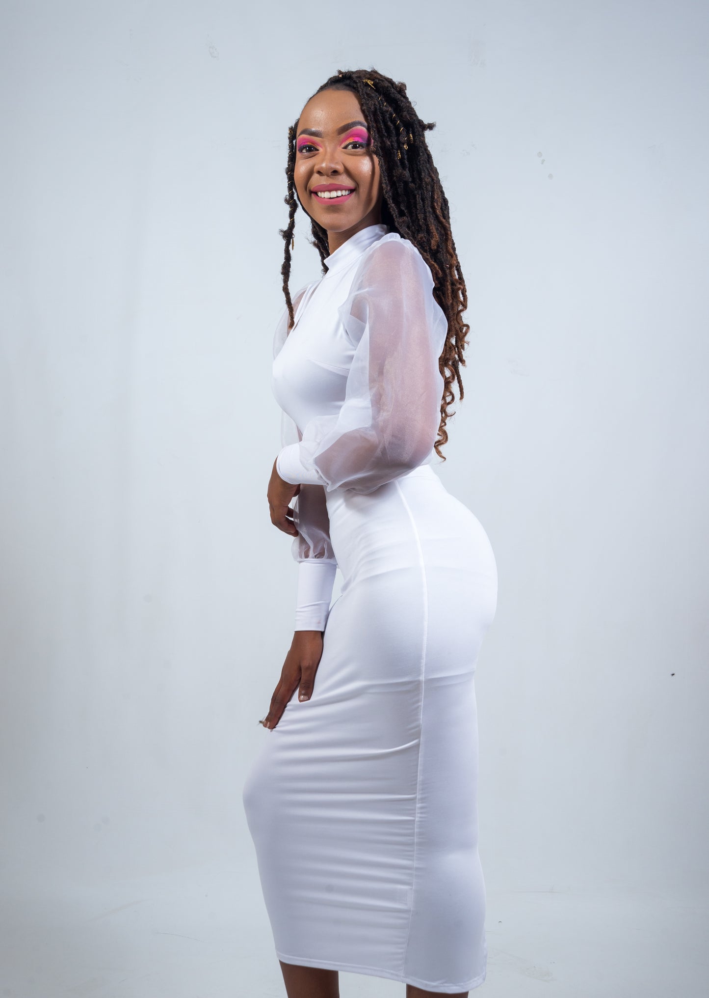 High Neck Bodycon Dress, Organza Puff Sleeves